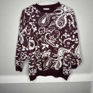 Vintage Lauren Knitwear Acrylic Paisley L Sweater Burgundy White USA (Flaws)
